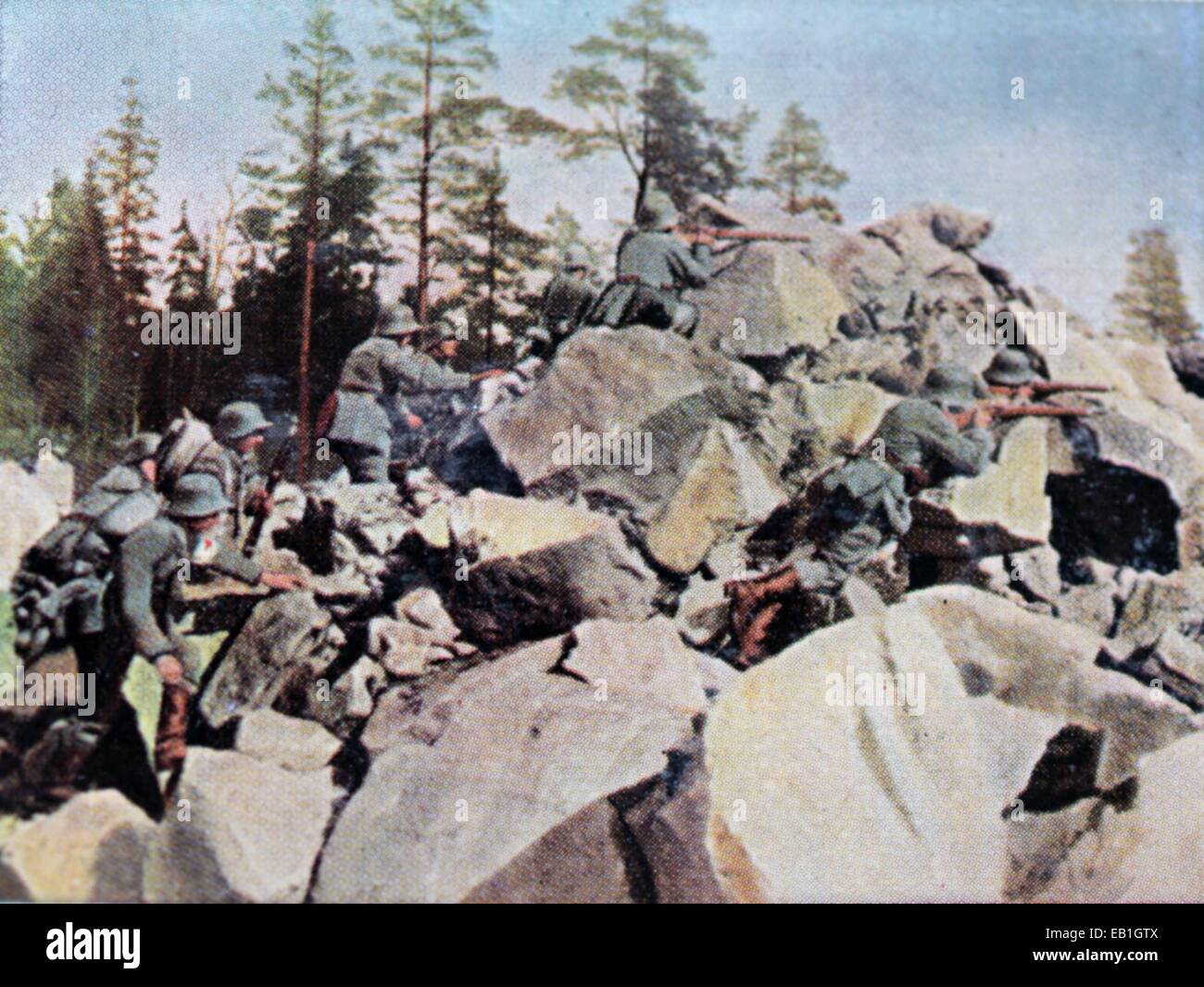 Das zeitgenössische eingefärbte deutsche Propaganda-Foto zeigt deutsche Truppen in Finnland im April 1918. : Fotoarchiv Neumann - kein Draht-SERVICE Stockfoto