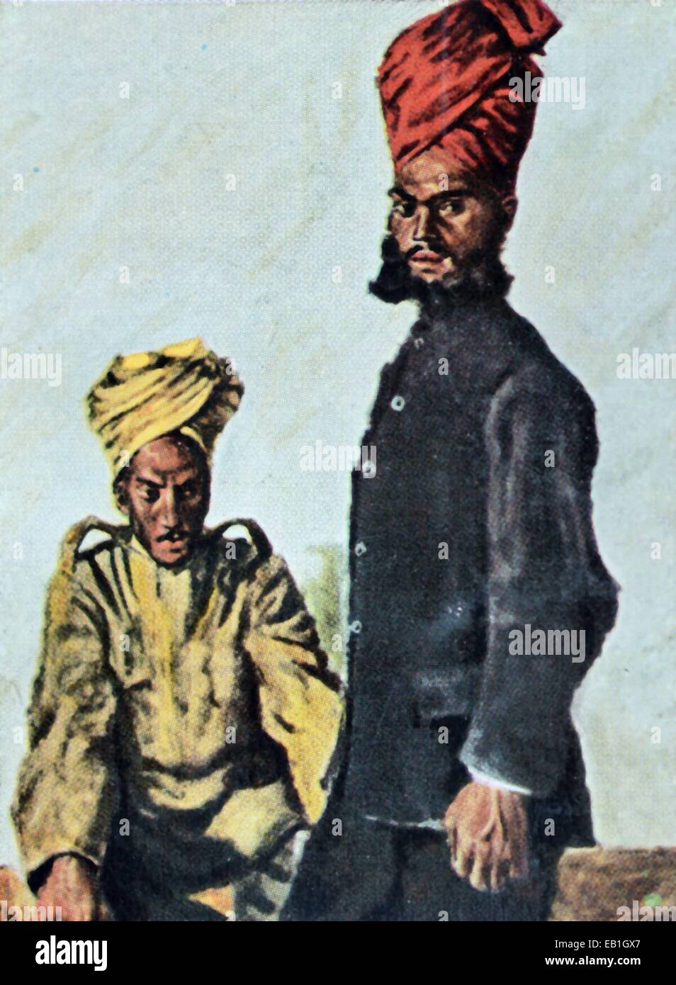 Das zeitgenössische eingefärbte deutsche Propaganda-Foto zeigt Sikh und Brahman Soldaten aus der British Indian Army unter dem Motto "Unsere Welt Kriegsgegner," Datum und Ort unbekannt (1914-1918). : Fotoarchiv Neumann - kein Draht-SERVICE Stockfoto