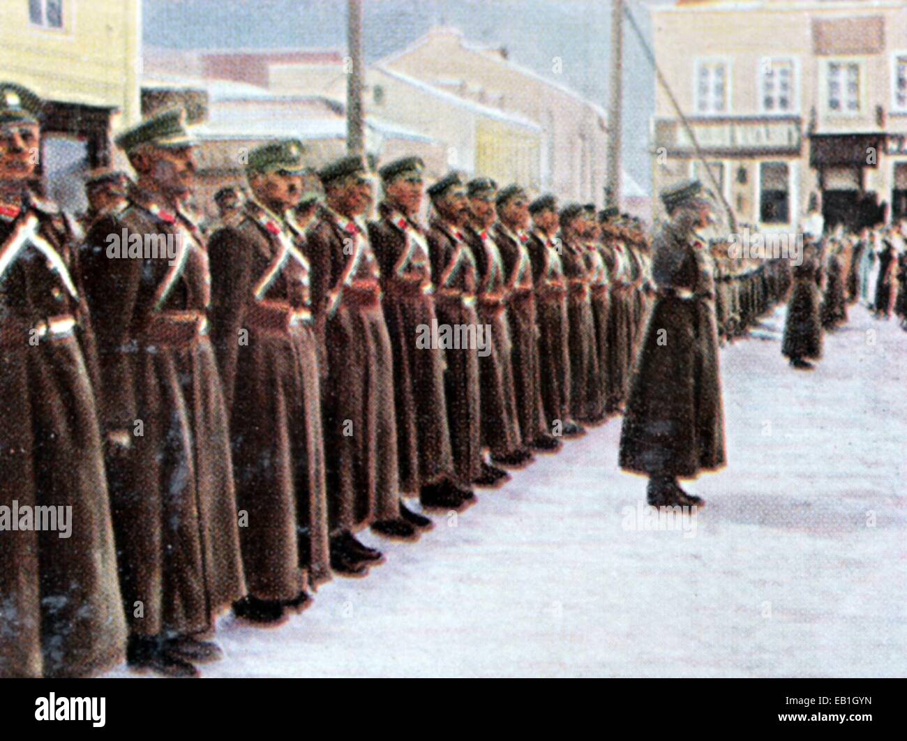 Das zeitgenössische eingefärbte deutsche Propaganda-Foto zeigt eine Aufstellung eines polnischen Legion, Datum und Ort unbekannt (1914-1918). : Fotoarchiv Neumann, - kein Draht-Dienst- Stockfoto