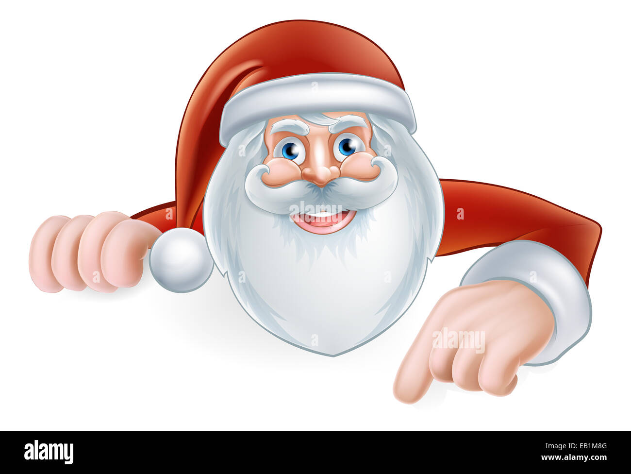 Ein Beispiel für einen niedlichen Cartoon Santa deutete auf ein Zeichen Stockfoto