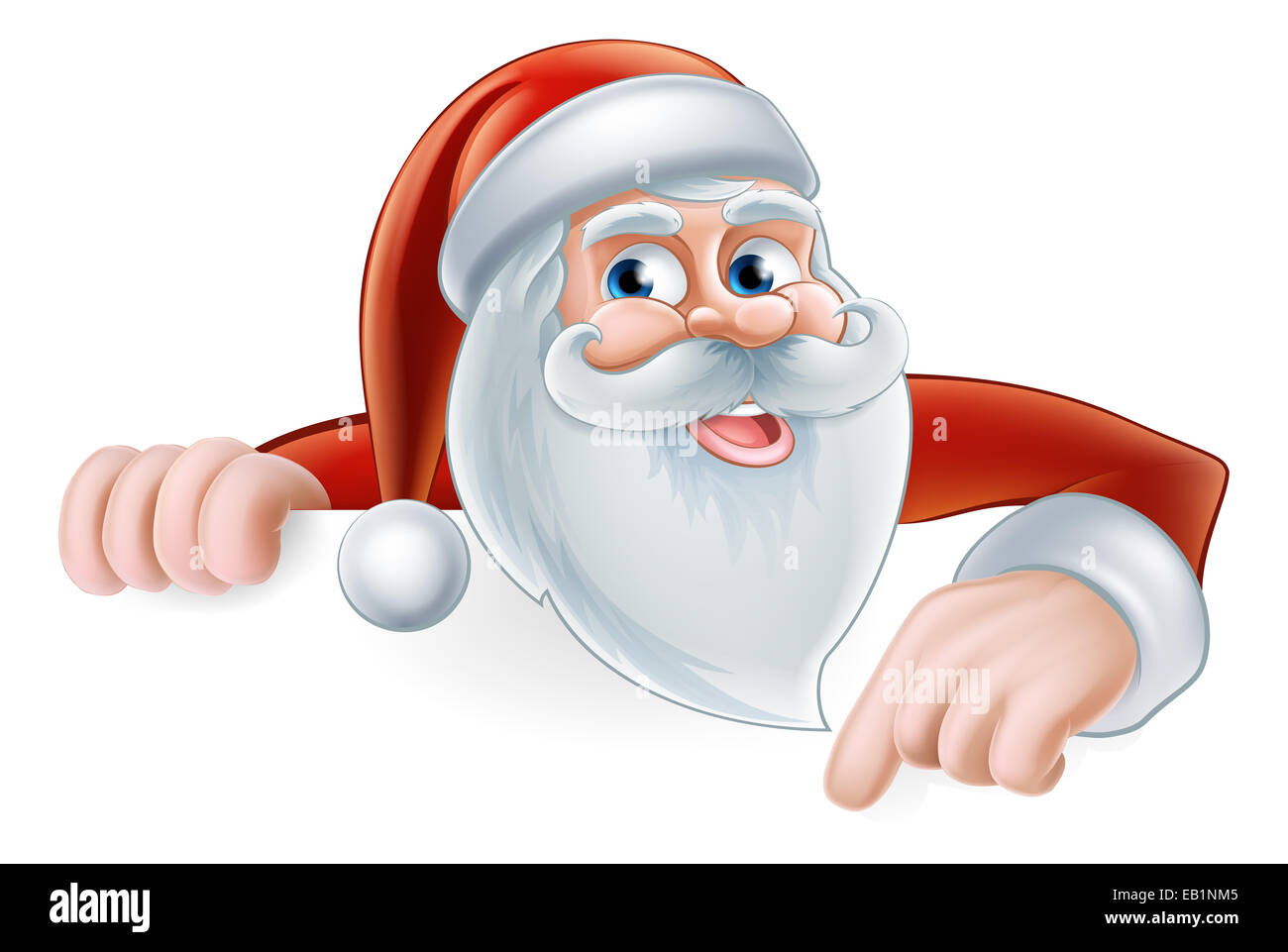 Ein Beispiel für einen niedlichen Cartoon Santa deutete auf ein Zeichen Stockfoto