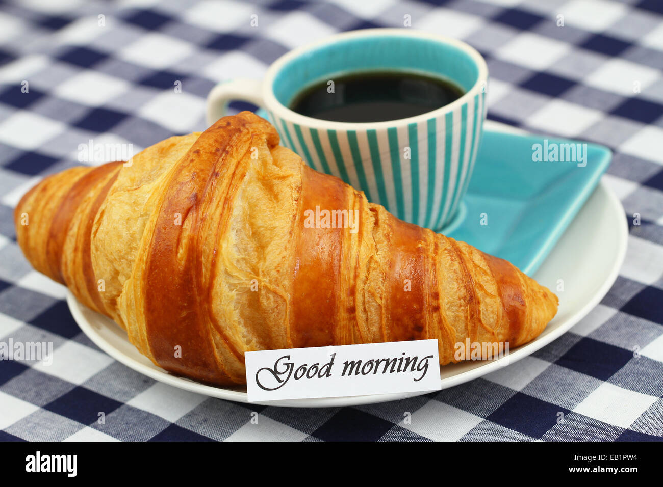 Guten Morgen Karte mit Croissant und Kaffee Stockfoto