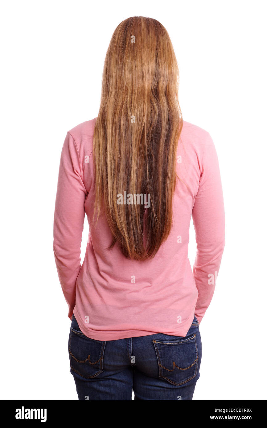 junge Frau mit langen blonden Haaren, von hinten gesehen Stockfoto