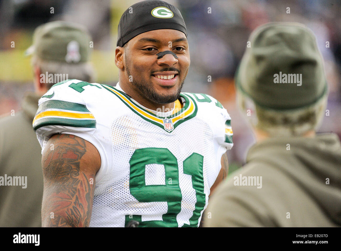 Minneapolis, MN, USA. 23. November 2014. Green Bay Packers Linebacker Jay Elliott (91) gegen Minnesota Vikings während der zweiten Hälfte im TCF Bank Stadium in Minneapolis, MN. Craig Lassig/CSM/Alamy Live-Nachrichten Stockfoto