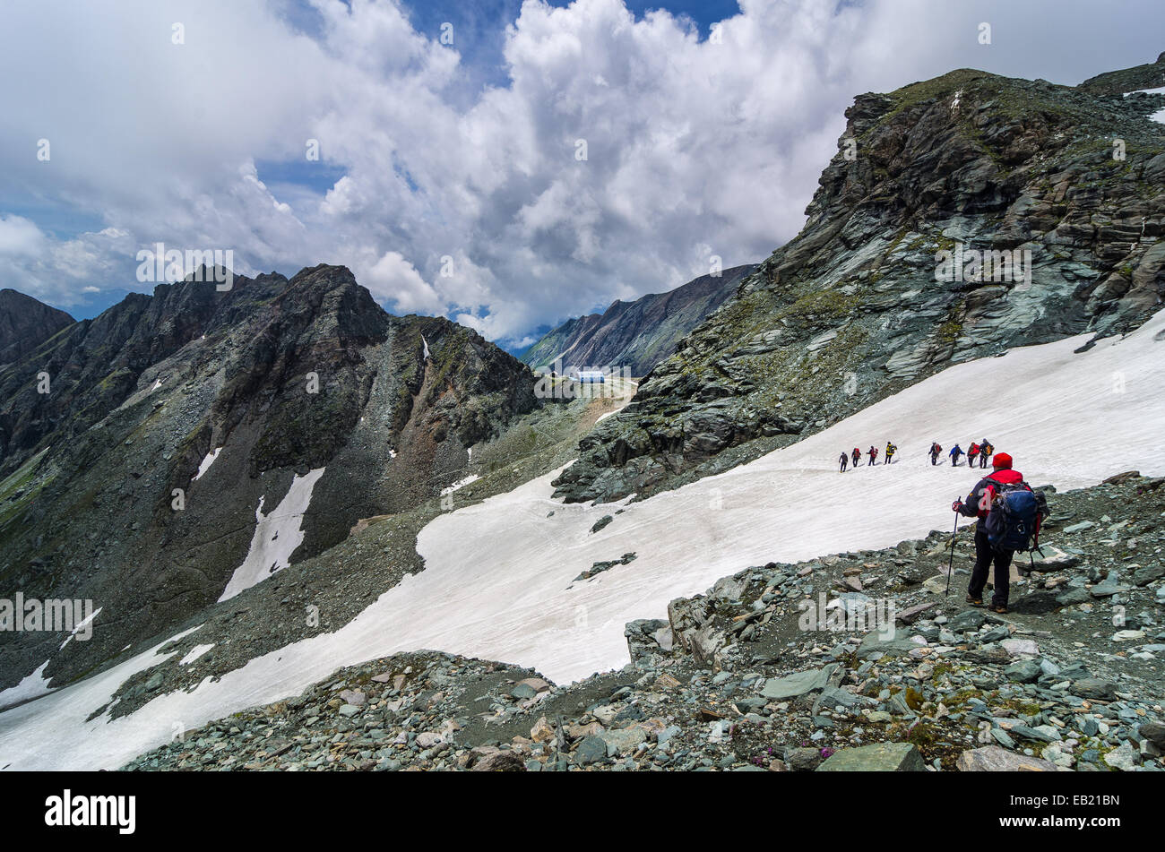 Sommer in den österreichischen Alpen, Nationalpark Hohe Tauern, Pfad zu Österreichs höchster Berg Großglockner. Stockfoto