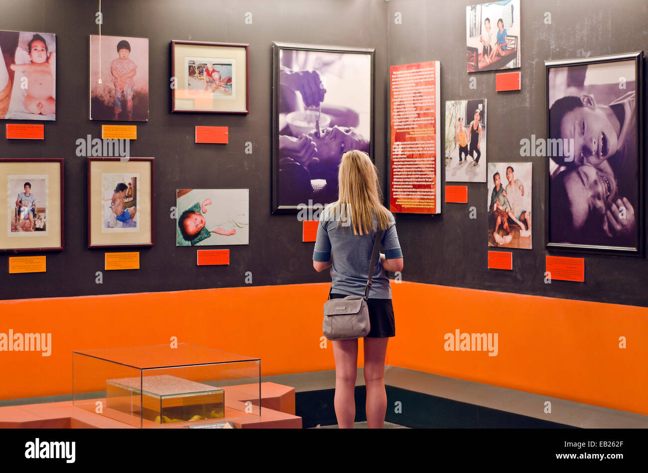 Ein Tourist, der Blick auf die Fotos der Agent Orange Opfer auf War Remnants Museum, Ho Chi Minh, Vietnam Stockfoto