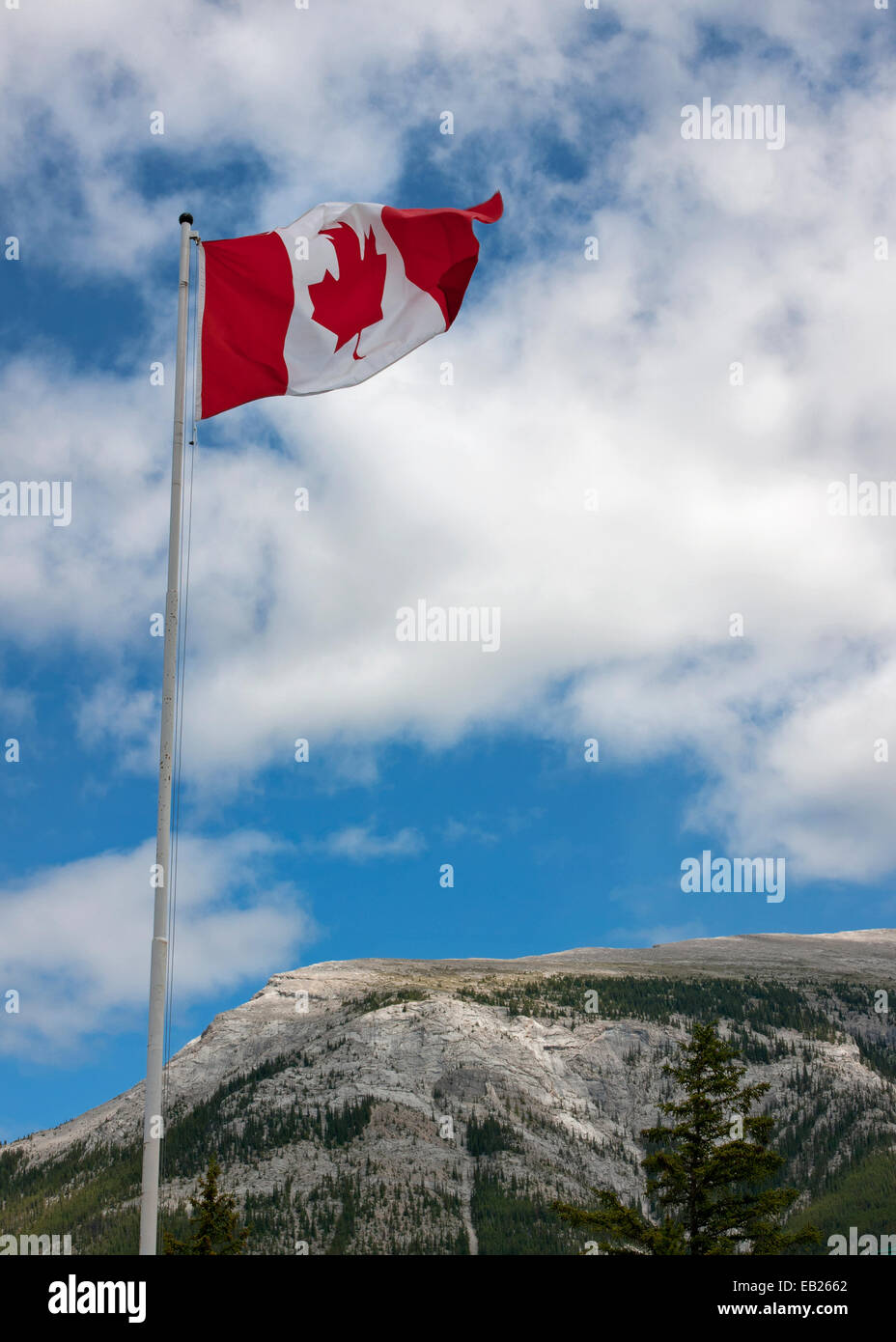 Die kanadische Nationalflagge fliegt über die Rocky Mountains. Stockfoto