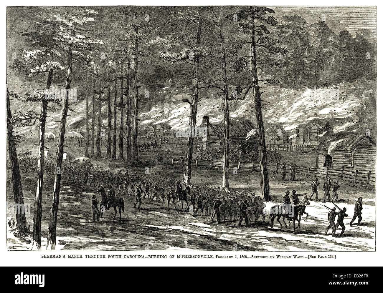 AMERICAN CIVIL WAR das Brennen von McPhersonville, South Carolina von Shermans Truppen im Februar 1865 von Harpers Weekly Stockfoto