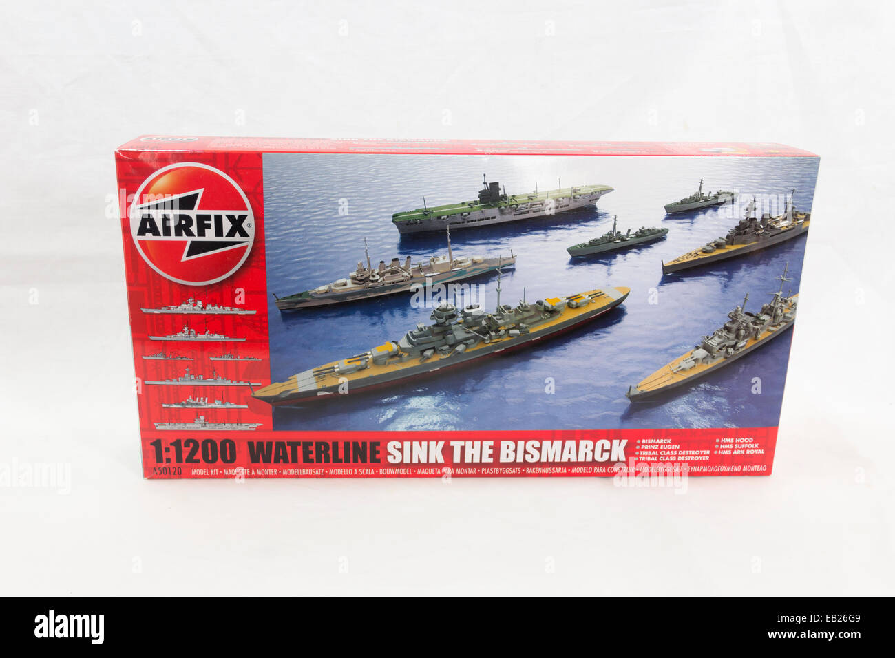 Airfix "sinken die Bismark'' Schiff Modell Bau Kit Box. Eine Retail Box Sammlung der 1:1200 Skala Modell Boot Kits. Stockfoto