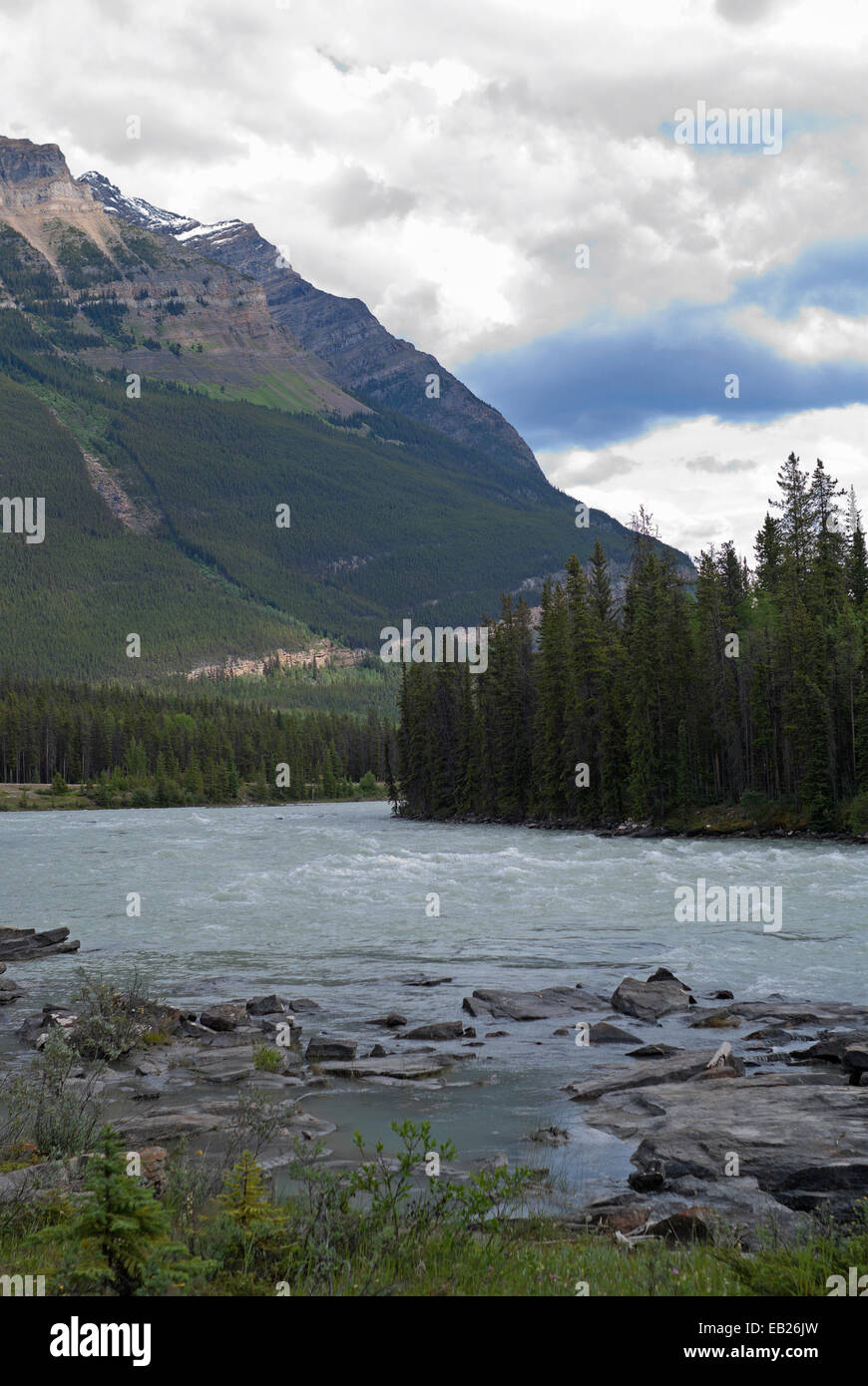 Schnell laufende Schmelzwasser unter hoch aufragenden Bergen in den kanadischen Rocky Mountains. Stockfoto