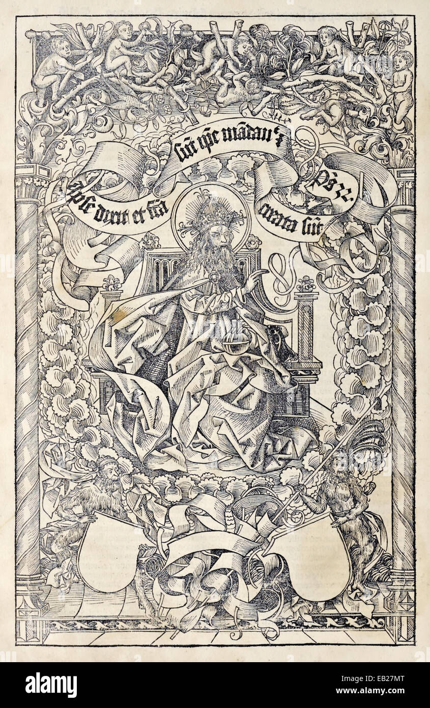 Gottvater thront. Frontispiz von "Liber Chronicarum" von Hartmann Schedel (1440-1514), Holzschnitt von Michael Wolgemut (1434-1519). Siehe Beschreibung für mehr Informationen. Stockfoto