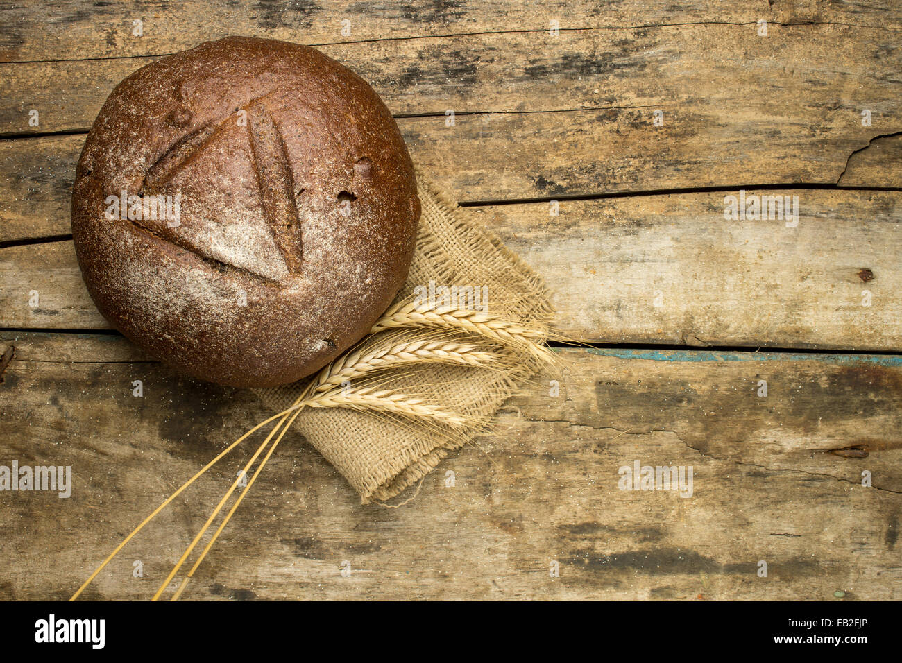 Frischem Roggenbrot mit Ähren auf Holztisch. Landwirtschaftliche Nutztierhaltung Hintergrund Stockfoto