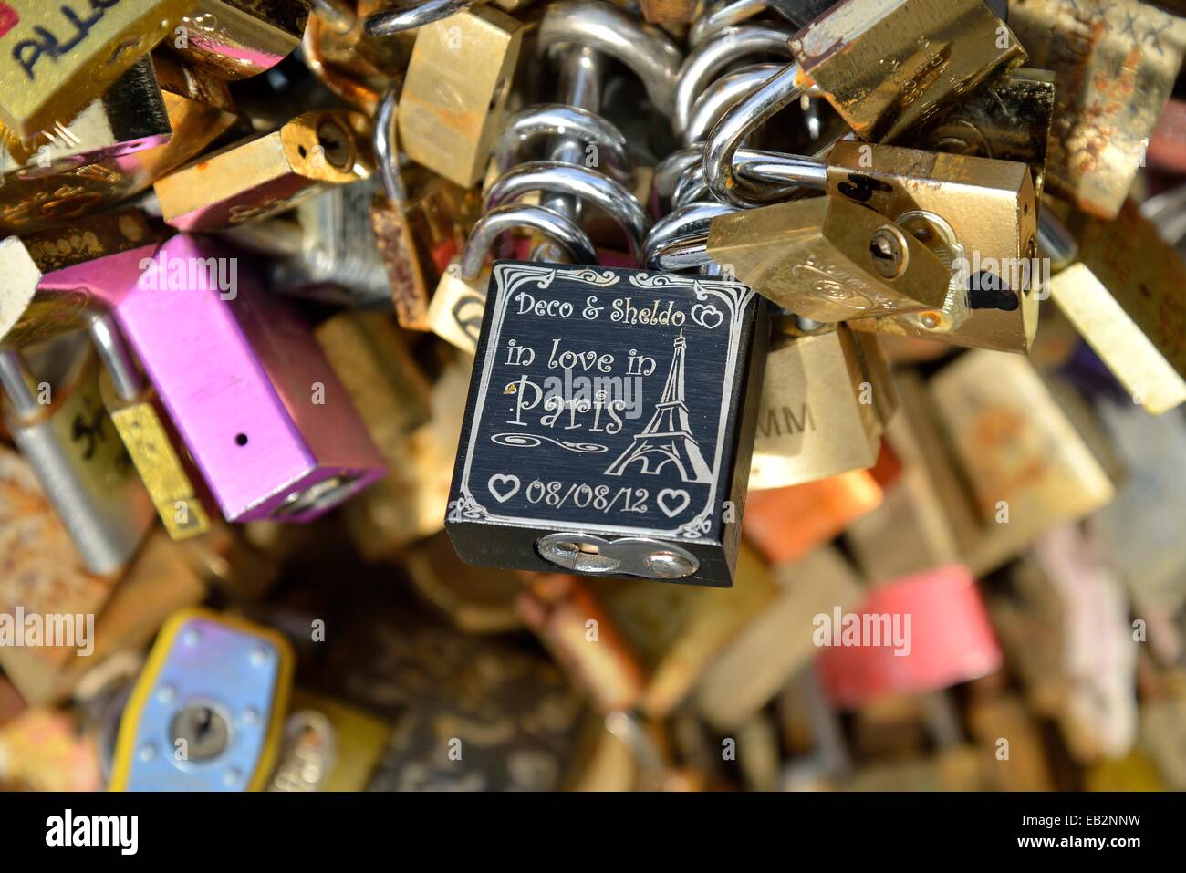 Liebesschlösser angehängt an das Geländer der Brücke Pont de l'Archevêché, Paris, Frankreich Stockfoto