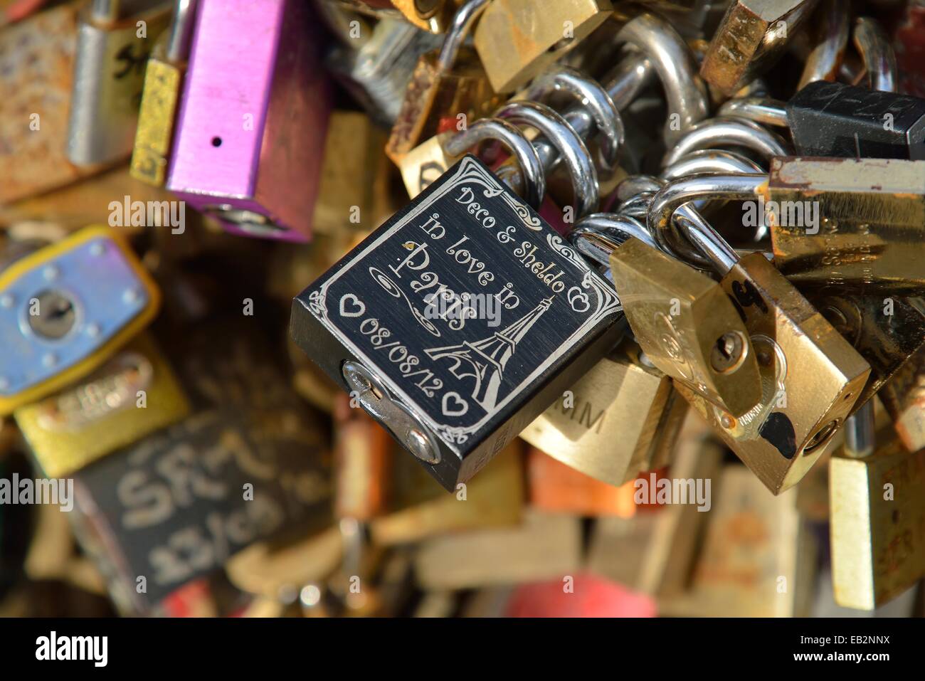 Liebesschlösser angehängt an das Geländer der Brücke Pont de l'Archevêché, Paris, Frankreich Stockfoto