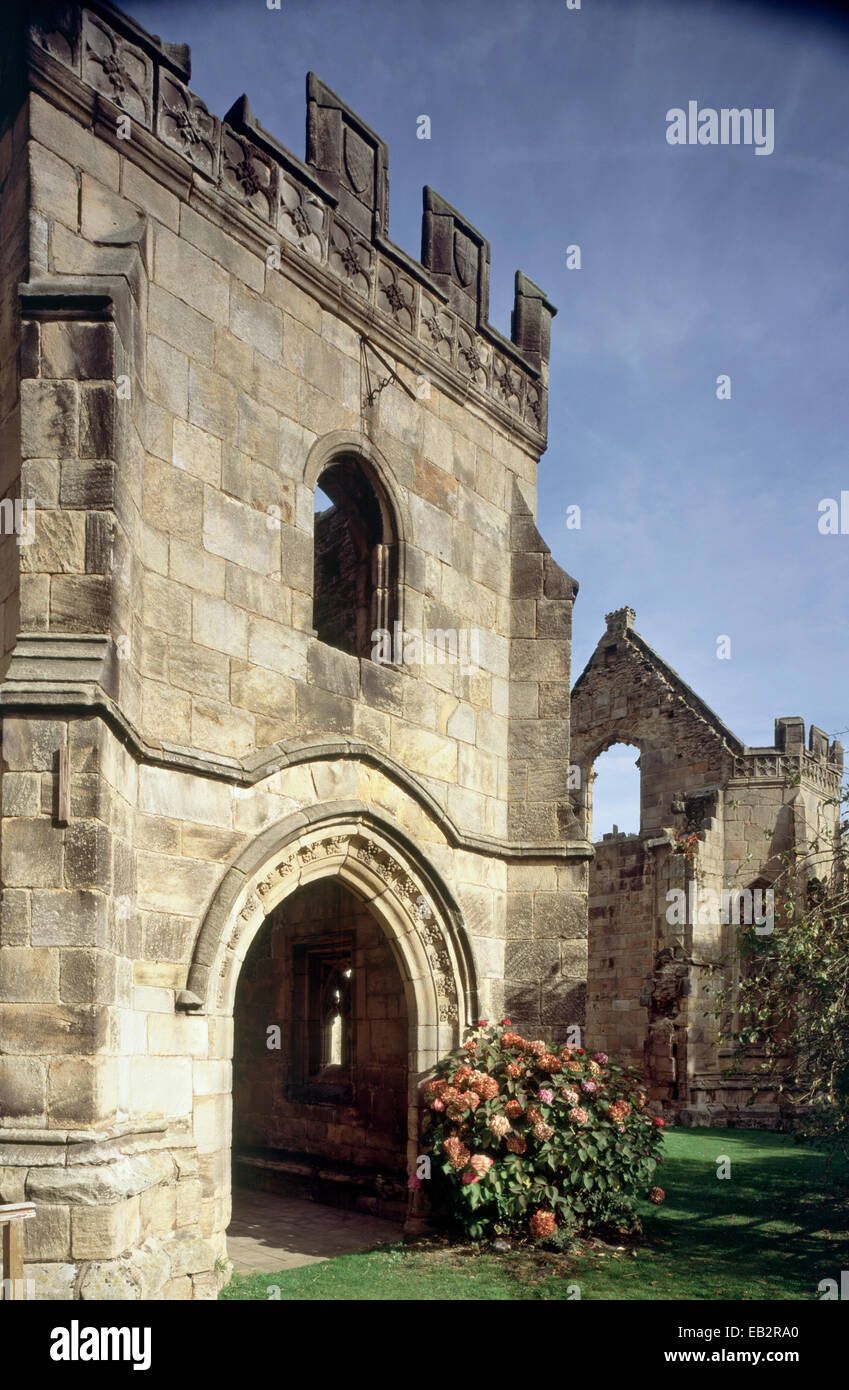 Das Herrenhaus Veranda, Wingfield Manor, Derbyshire, England, UK. Stockfoto