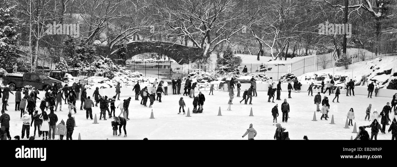 Menschen, Schlittschuhlaufen auf dem Trump Skating Rink im Central Park in einem Schneesturm. Stockfoto