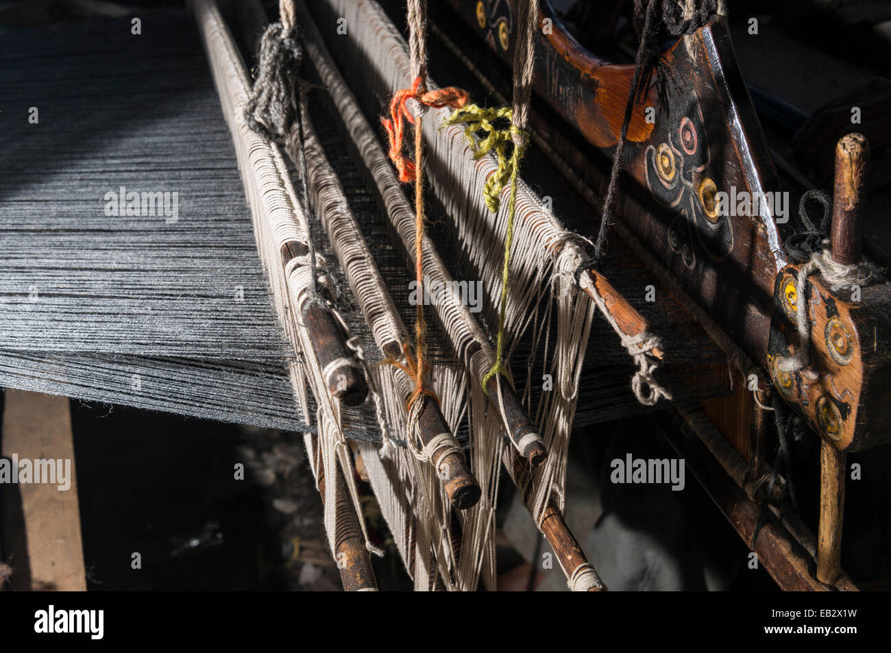 Detailansicht der ein Handwebstuhl, Chitkul, Himachal Pradesh, Indien Stockfoto