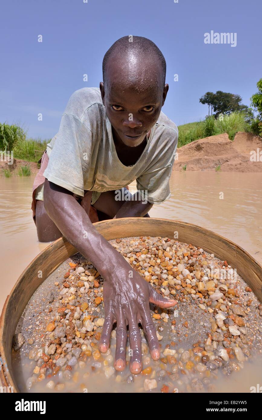 Diamant-Jäger auf der Suche nach Diamanten mit einem Sieb, in der Nähe von Koidu, Koidu-Sefadu, Kono District, Eastern Province, Sierra Leone Stockfoto