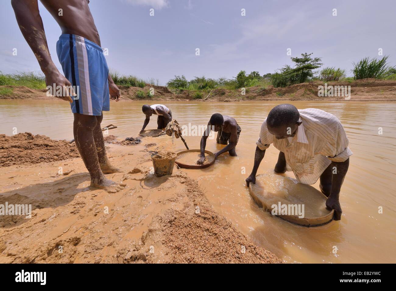 Diamant-Jäger auf der Suche nach Diamanten in einem Bergwerk mit Siebe und Schaufeln, in der Nähe von Koidu, Koidu-Sefadu, Kono District Stockfoto