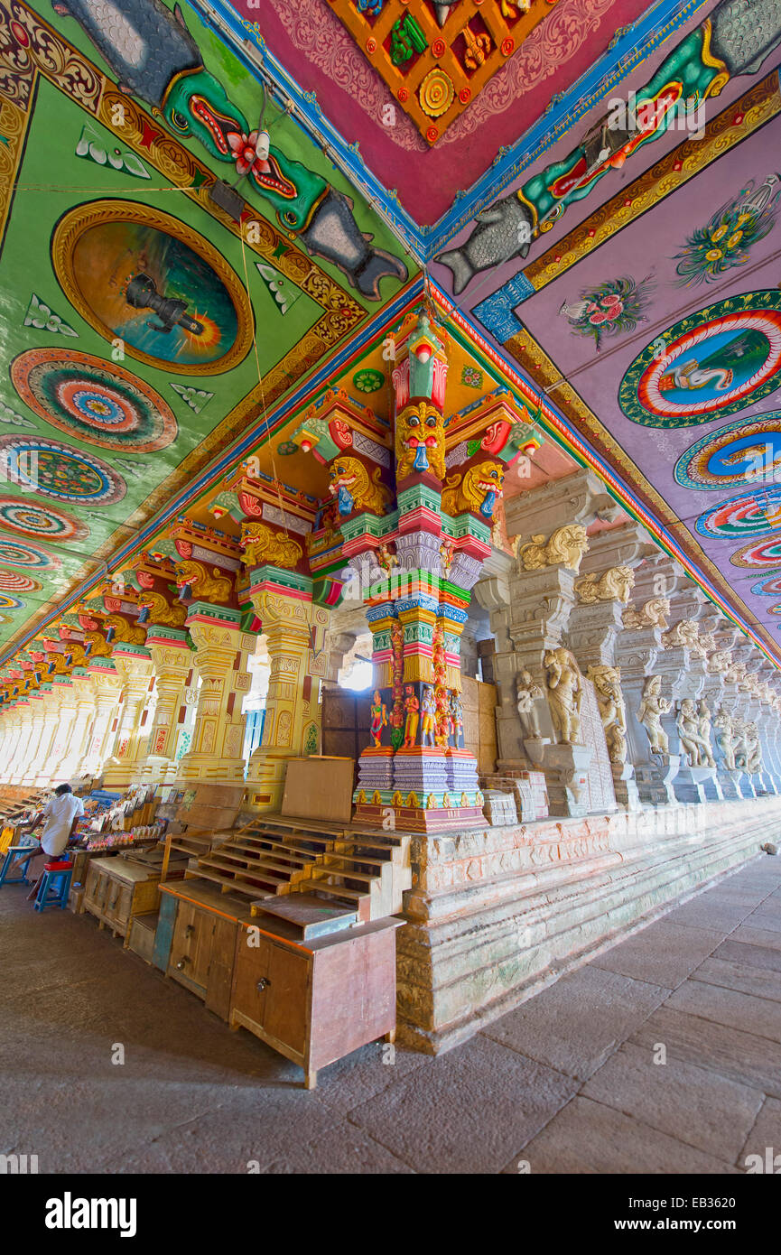 Bunt bemalte Säulen und Decke, Ramanathaswami Tempel, Rameswaram, Pamban Insel, Tamil Nadu, Indien Stockfoto