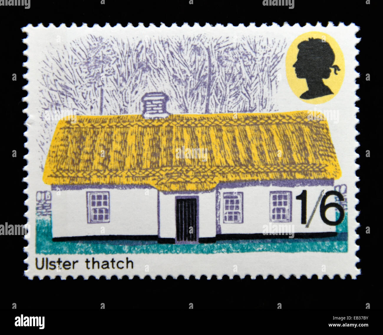 Briefmarke. Great Britain. Königin Elizabeth II. Britische ländlicher Architektur. 1970. Ulster Stroh. 1/6. Stockfoto