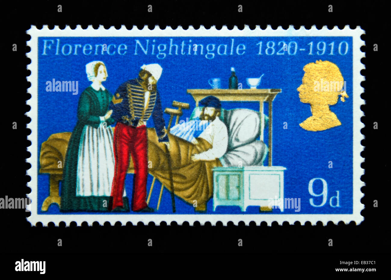 Briefmarke. Great Britain. Königin Elizabeth II. Jubiläen. 1970. Florence Nightingale Teilnahme an Patienten. 1820-1910. 9d. Stockfoto