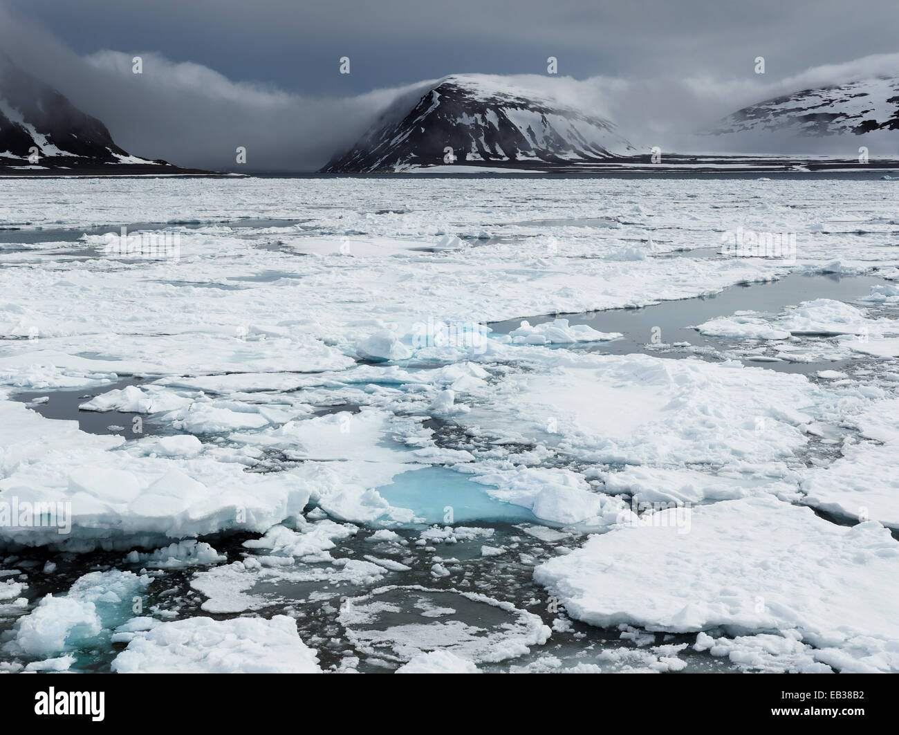 Fjord mit Packeis, Phippsøya, Sjuøyane, Spitzbergen, Svalbard und Jan Mayen, Norwegen Stockfoto