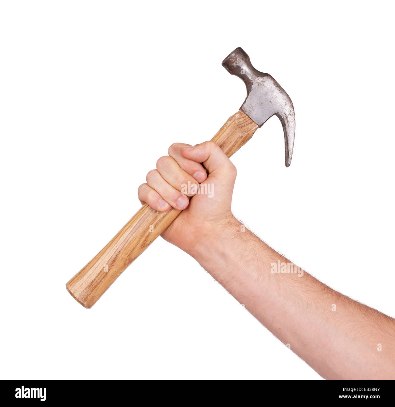 Mannes Hand mit Hammer, isoliert auf weiss Stockfoto