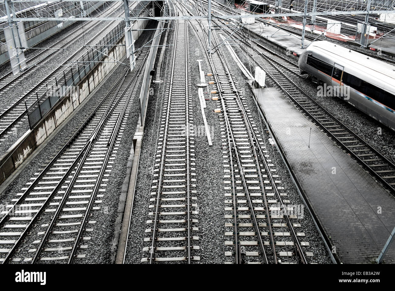 Norwegen, Oslo, erhöhten Blick auf Gleisanlagen mit einem vorbeifahrenden Hochgeschwindigkeitszug Stockfoto