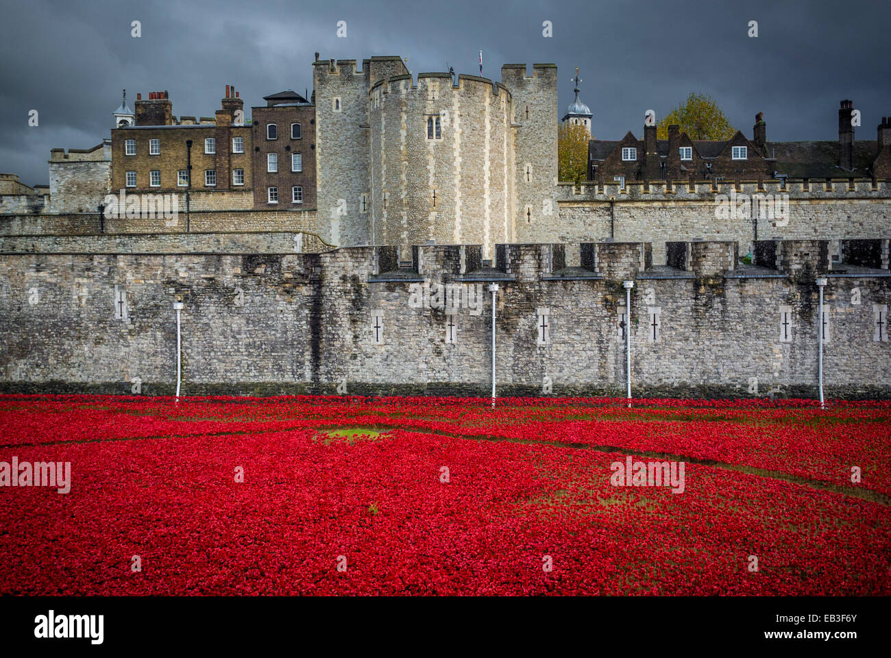 Blut Mehrfrequenzdarstellung Länder und Meere von Red Kunstinstallation an der Tower of London. 888.246 Keramik Mohnblumen in den Turm Graben gepflanzt. Stockfoto