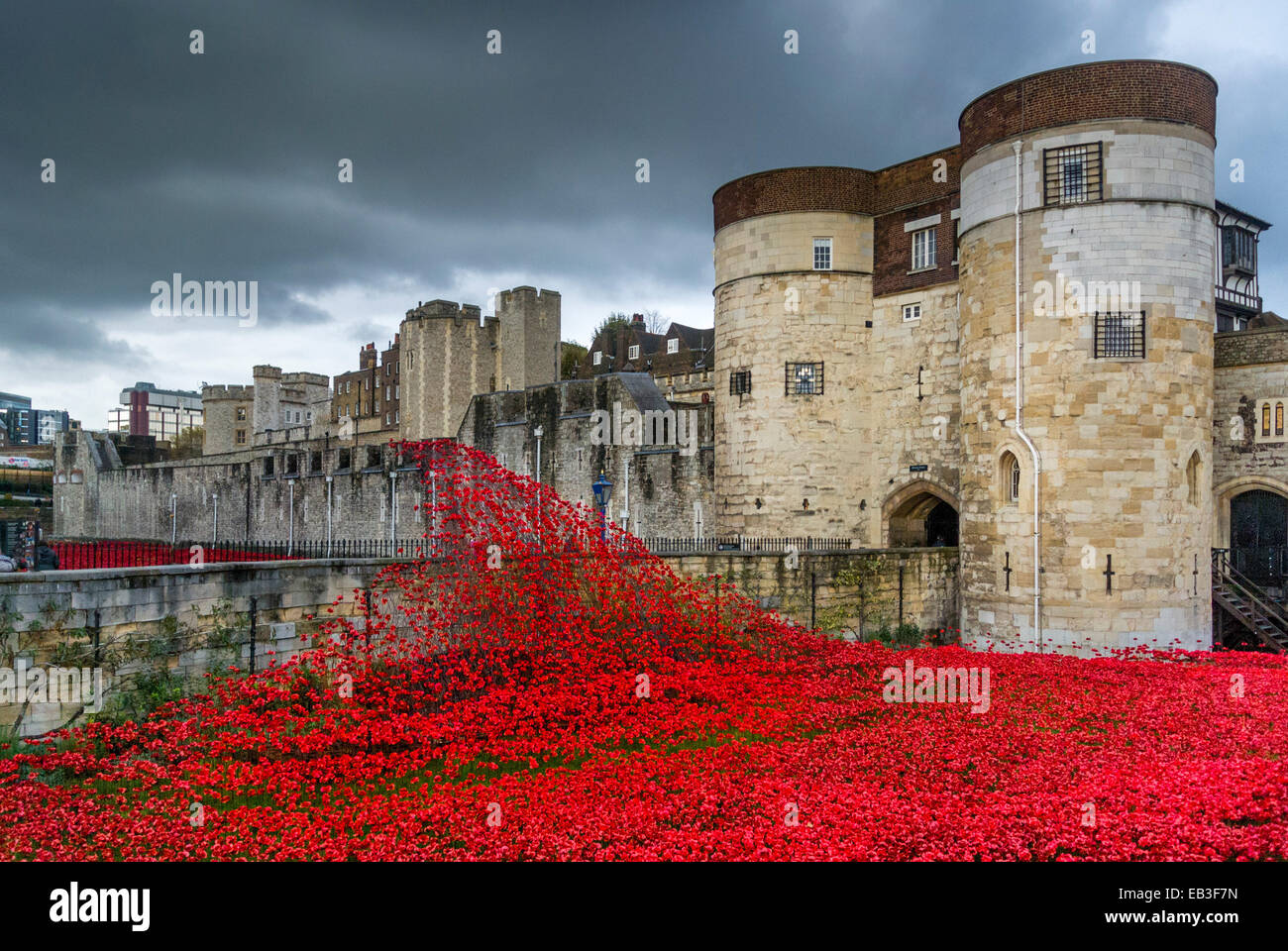 Blut Mehrfrequenzdarstellung Länder und Meere von Red Kunstinstallation an der Tower of London. 888.246 Keramik Mohnblumen in den Turm Graben gepflanzt. Stockfoto