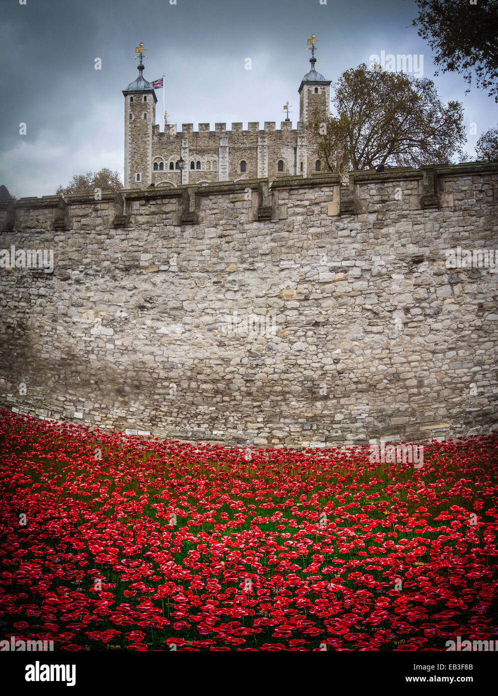 Blut Mehrfrequenzdarstellung Länder und Meere von Red Kunstinstallation an der Tower of London. 888.246 Keramik Mohnblumen in den Turm Graben gepflanzt. Stockfoto