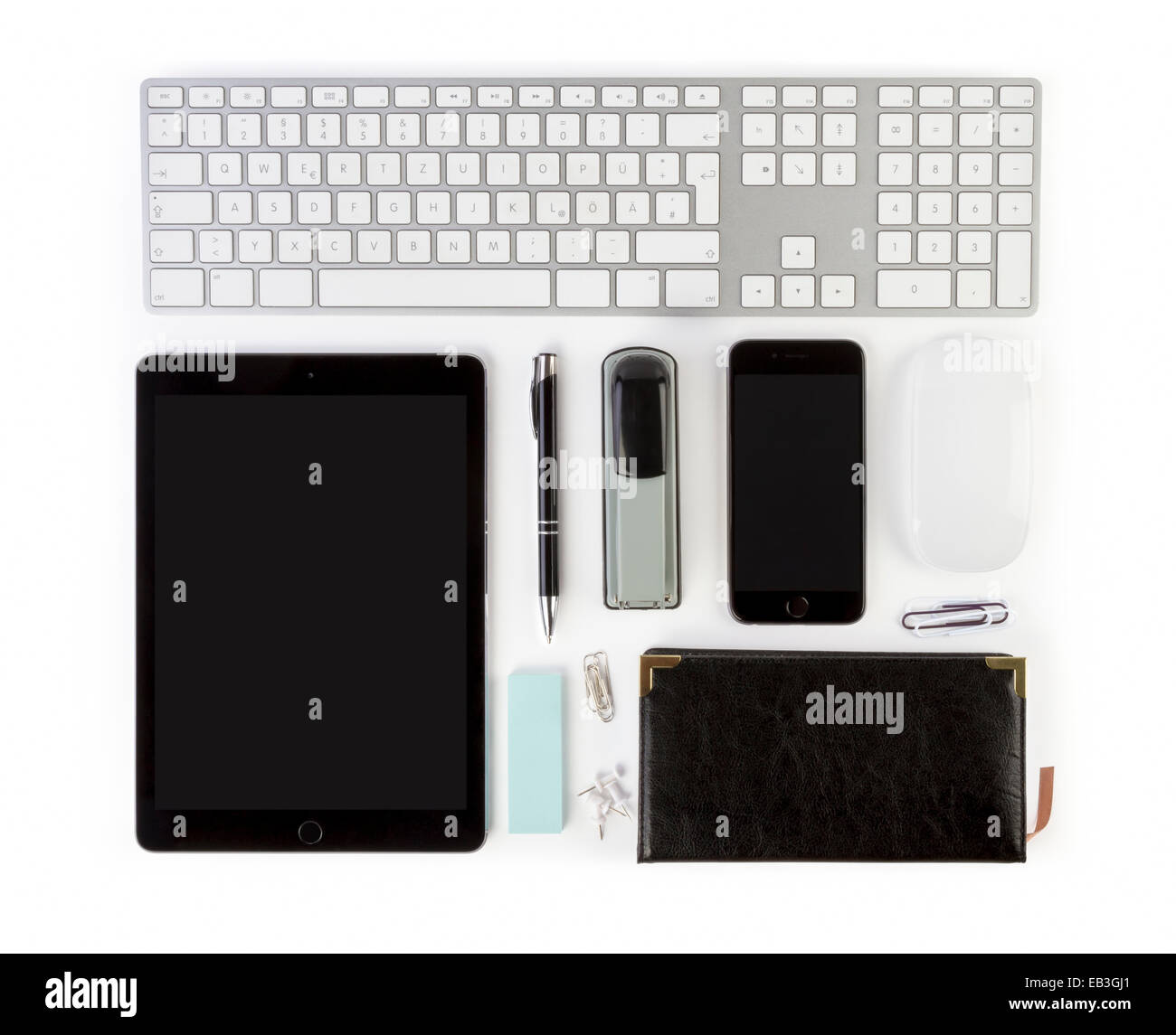 Büro-Business-Zubehör, digitale Tablet-pc, Smartphone, Computer-Tastatur Stockfoto