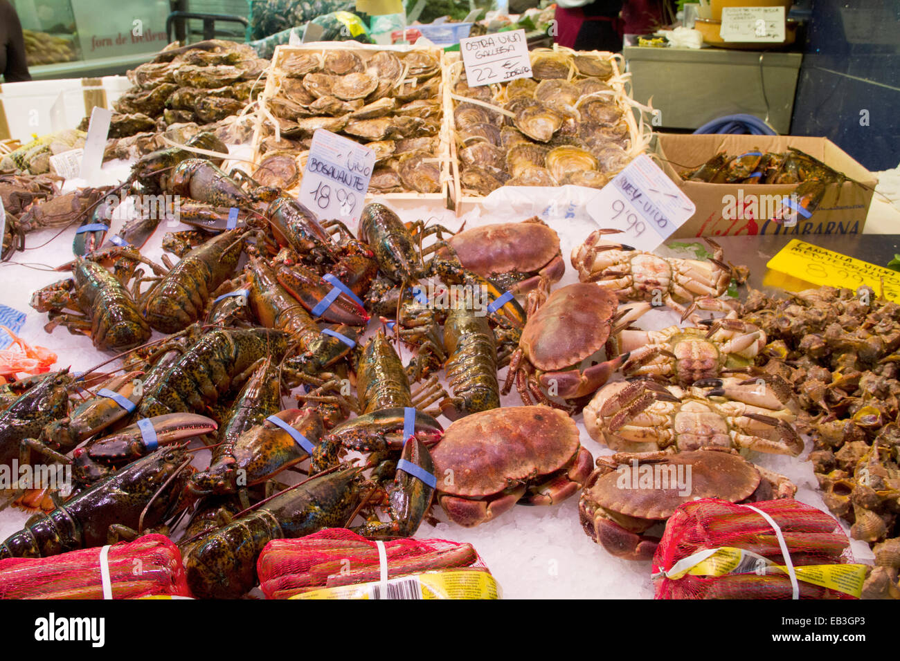 Stall zeigt frische Meeresfrüchte wie Krabben und Hummer zu verkaufen in die Markthalle La Boqueria, Barcelona, Spanien Stockfoto