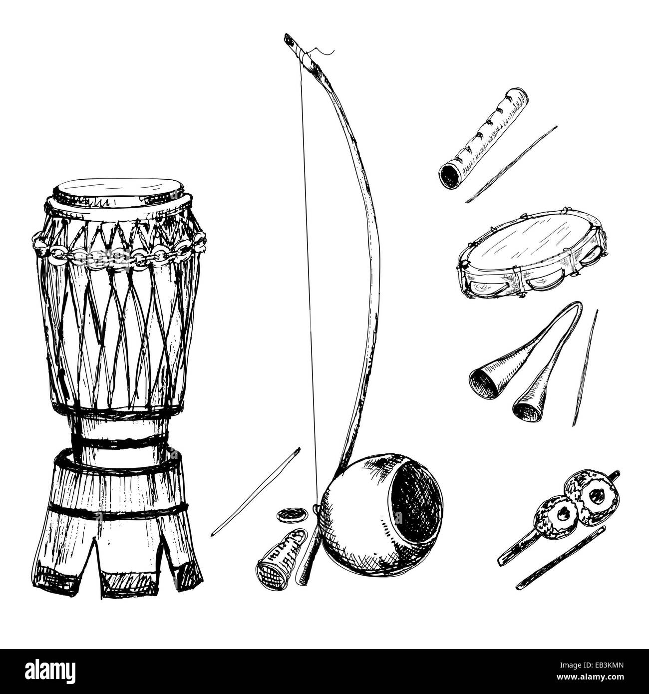 Sammlung von Musikinstrumenten der Capoeira. Handgezeichnete Illustrationen Stockfoto