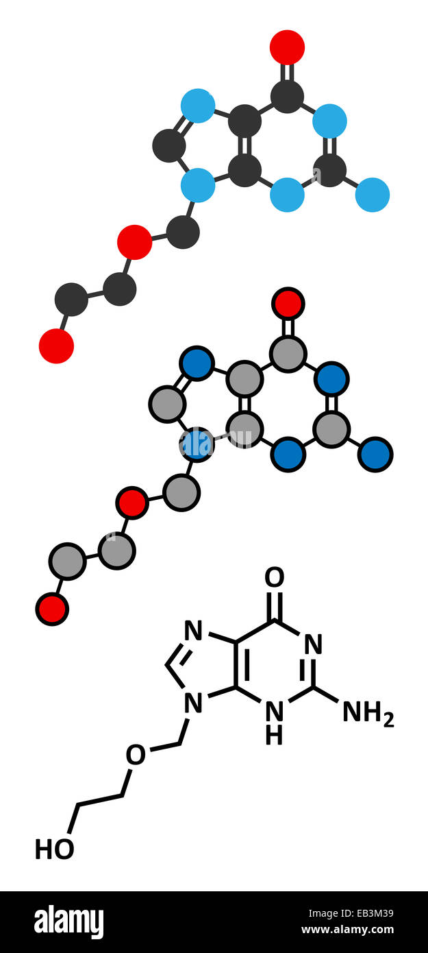 Aciclovir Herpes Wirkstoffmolekül. Antivirale verwendet in der Behandlung von Lippenherpes, Gürtelrose und Windpocken. Konventionelle Skelett fo Stockfoto