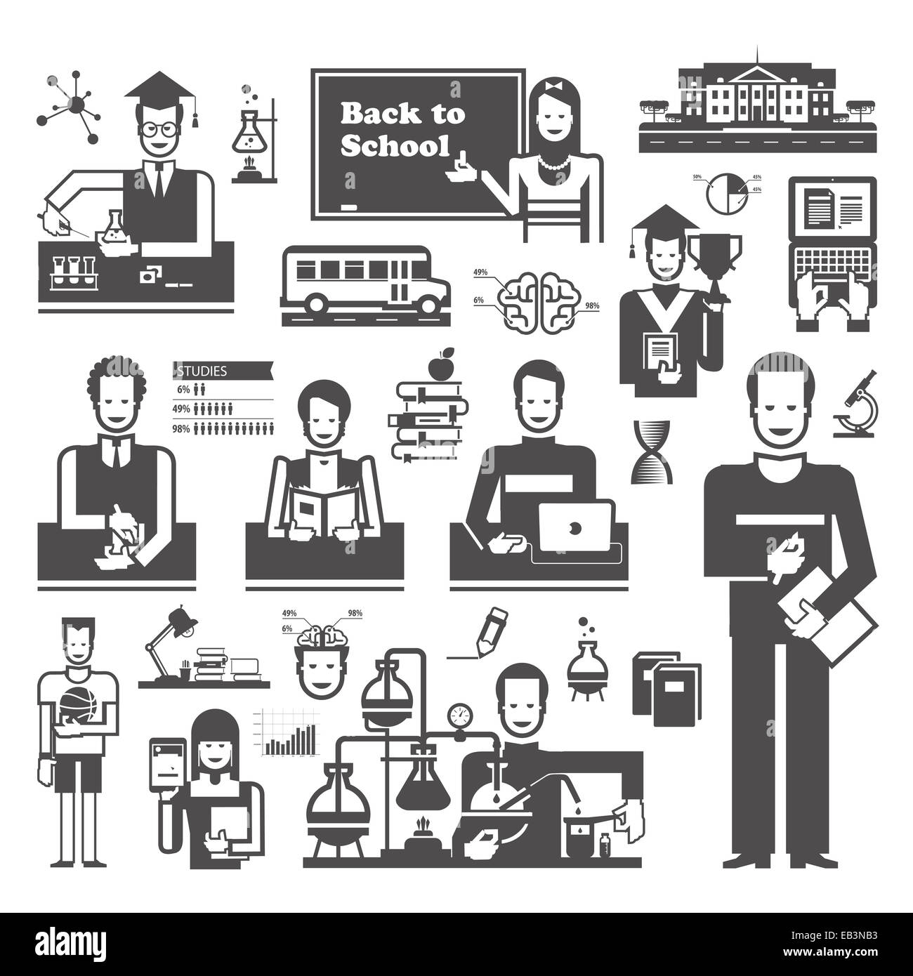 Schule. Satz von Symbolen auf einem weißen Hintergrund Stockfoto