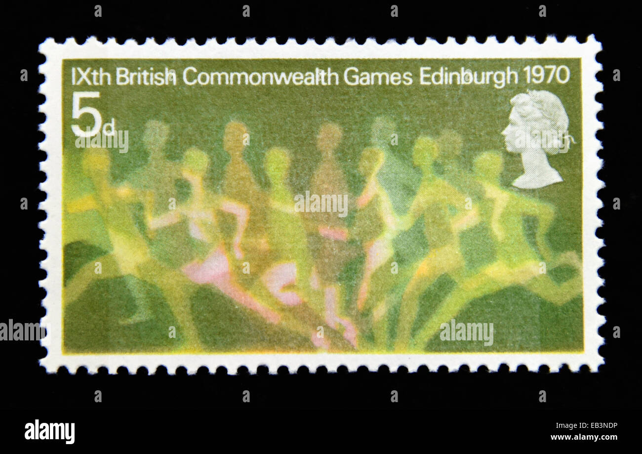 Briefmarke. Great Britain. Königin Elizabeth II. XI British Commonwealth Games, Edinburgh, 1970. Läufer. 5D. Stockfoto