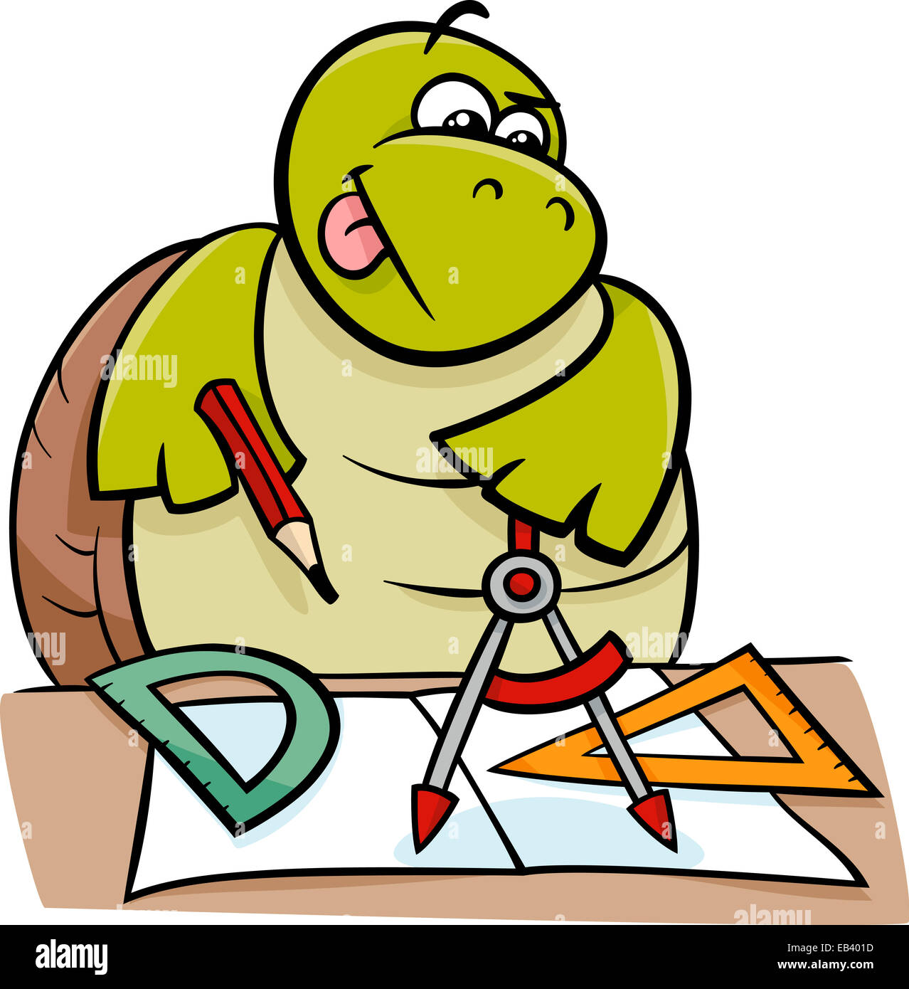 Illustration der lustige Schildkröte Tier Zeichentrickfigur auf Geometrie Lektion mit Bremssätteln und Geodreieck Stockfoto