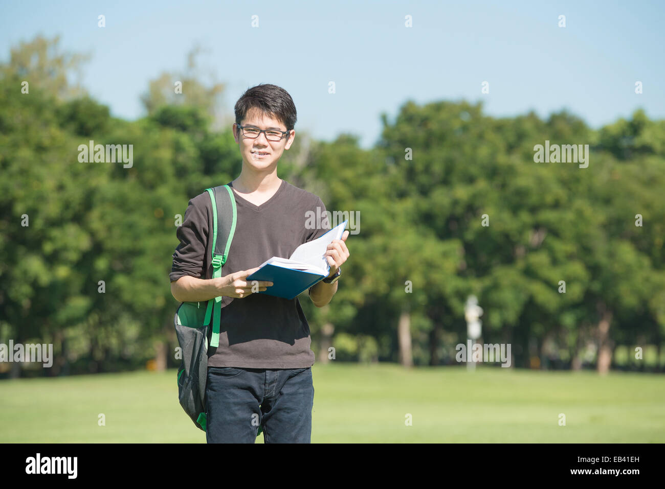Hübscher Junge hält ein geöffnetes Buch lesen Hintergrund grün Sommerpark Stockfoto