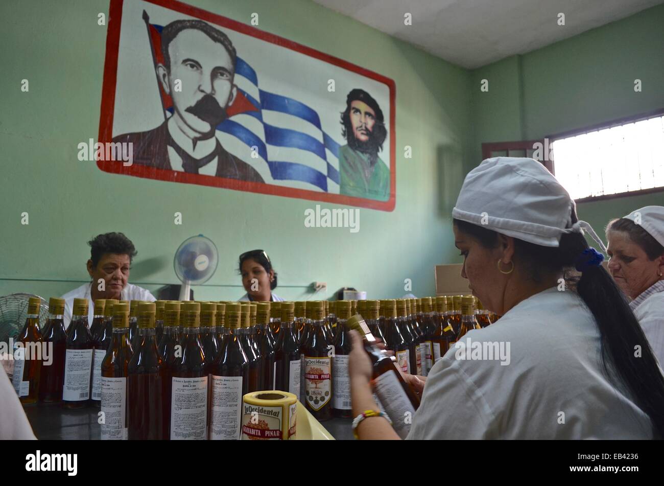 Arbeitnehmer-Label und Pack Flaschen am Ende einer Fertigungsstraße in rum Destillerie in Pinar del Rio, Kuba Stockfoto