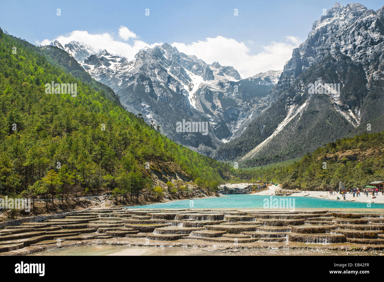 White Water River Wasserfall und Jade Dragon Snow Mountain, Lijiang, Yunnan China. Stockfoto
