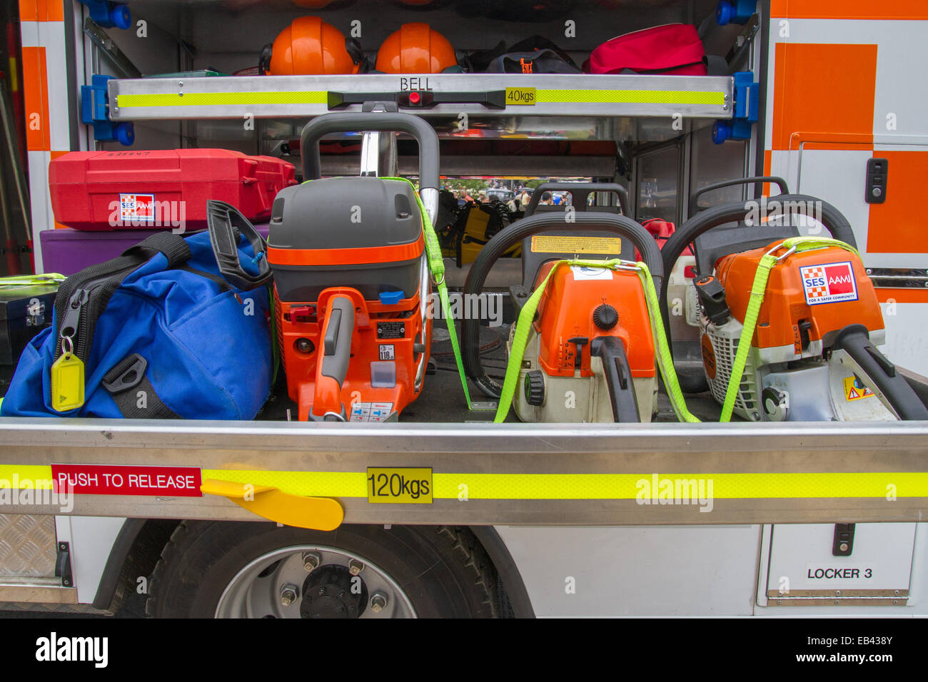 Notdienst, SES, Fahrzeug und Ausrüstung auf dem Display in Melbourne, Australien Stockfoto