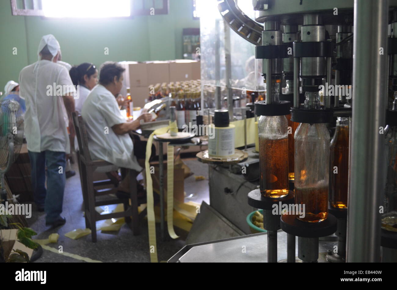 Arbeitnehmer-Label und Pack Flaschen am Ende einer Fertigungsstraße in rum Destillerie in Pinar del Rio, Kuba Stockfoto