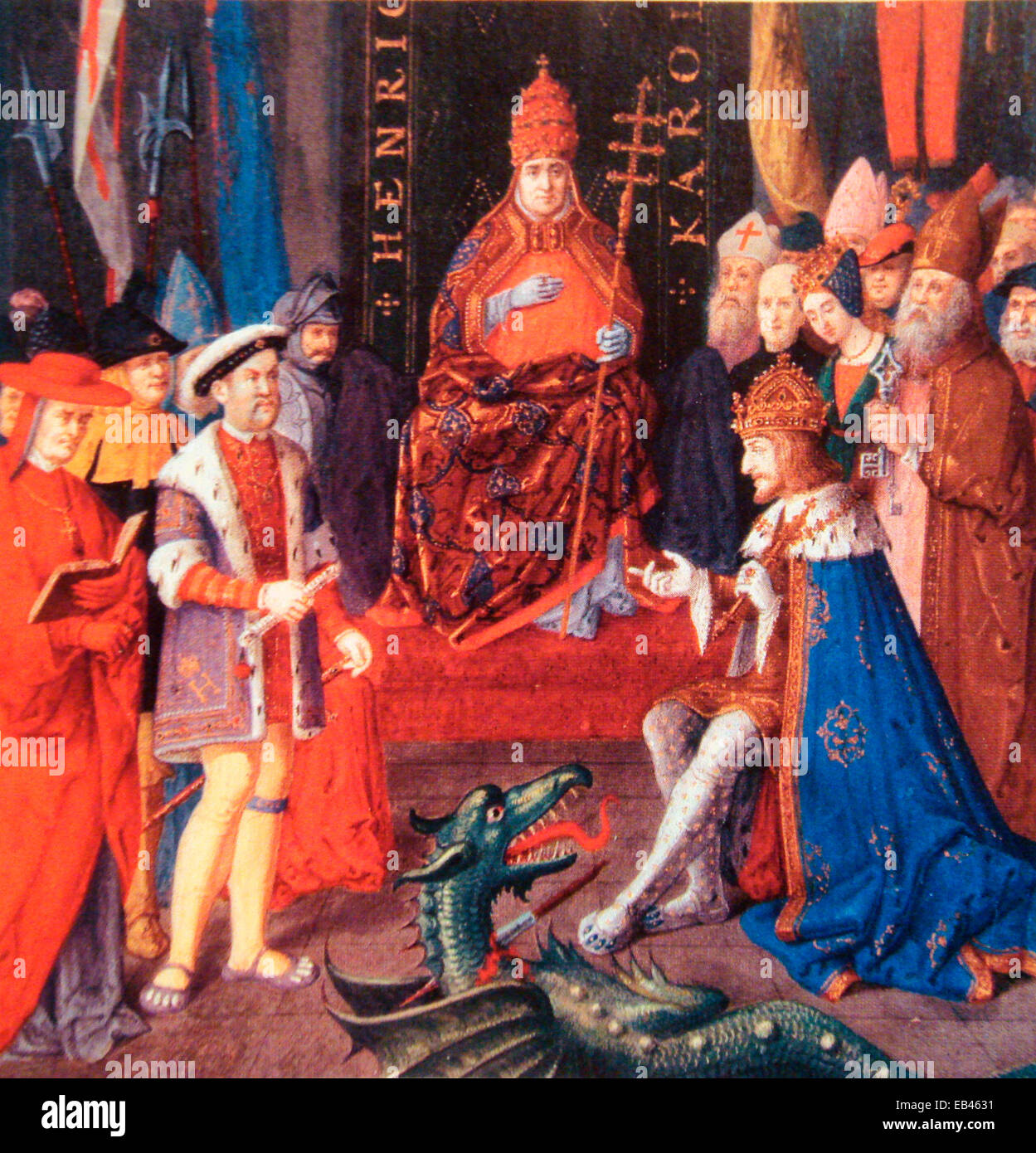 König Henry VIII mit Karl v. (rechts) und Papst Leo X (Mitte), um 1520 Stockfoto