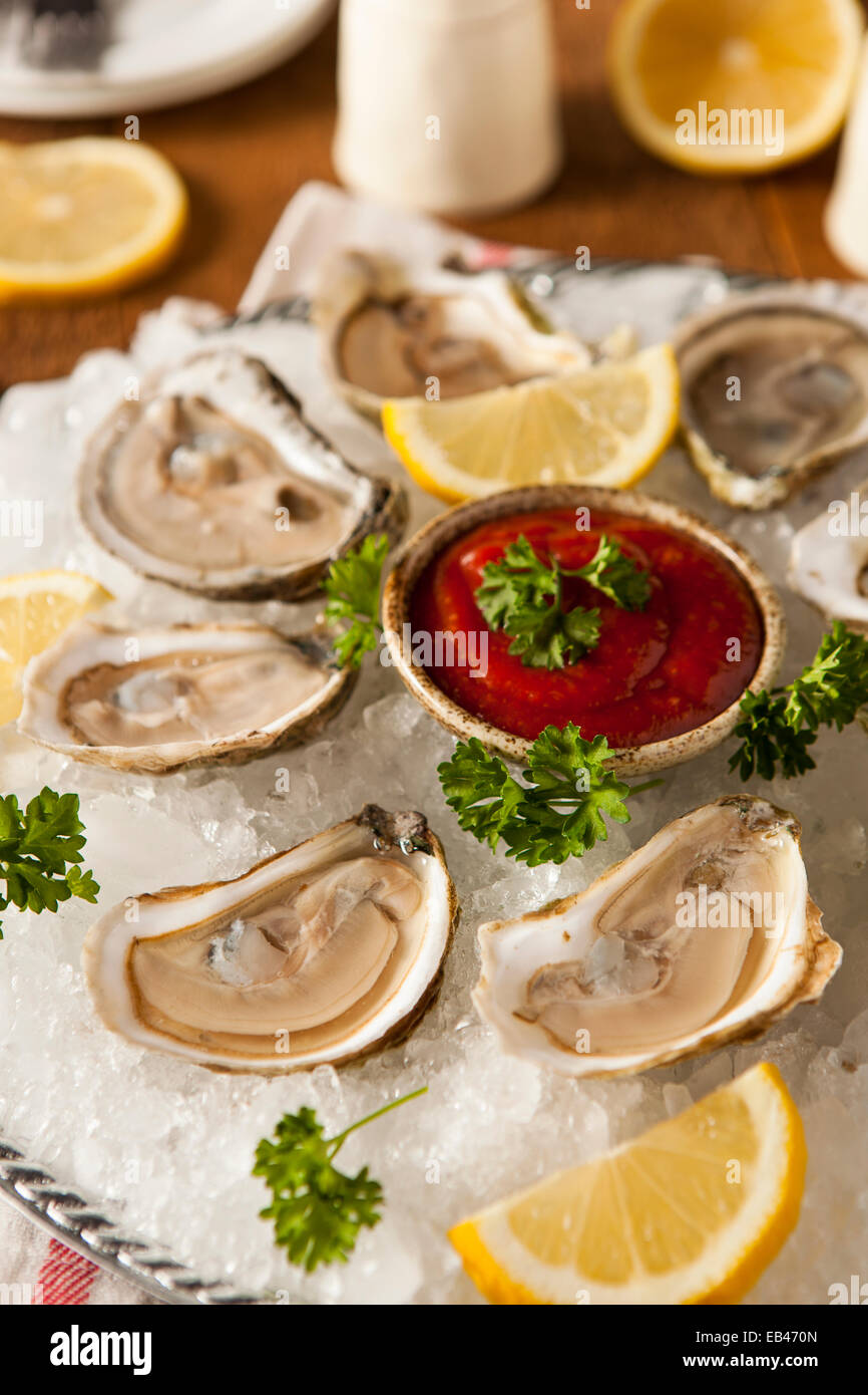 Rohe organische Austern mit Zitrone und Cockatail-Sauce Stockfoto
