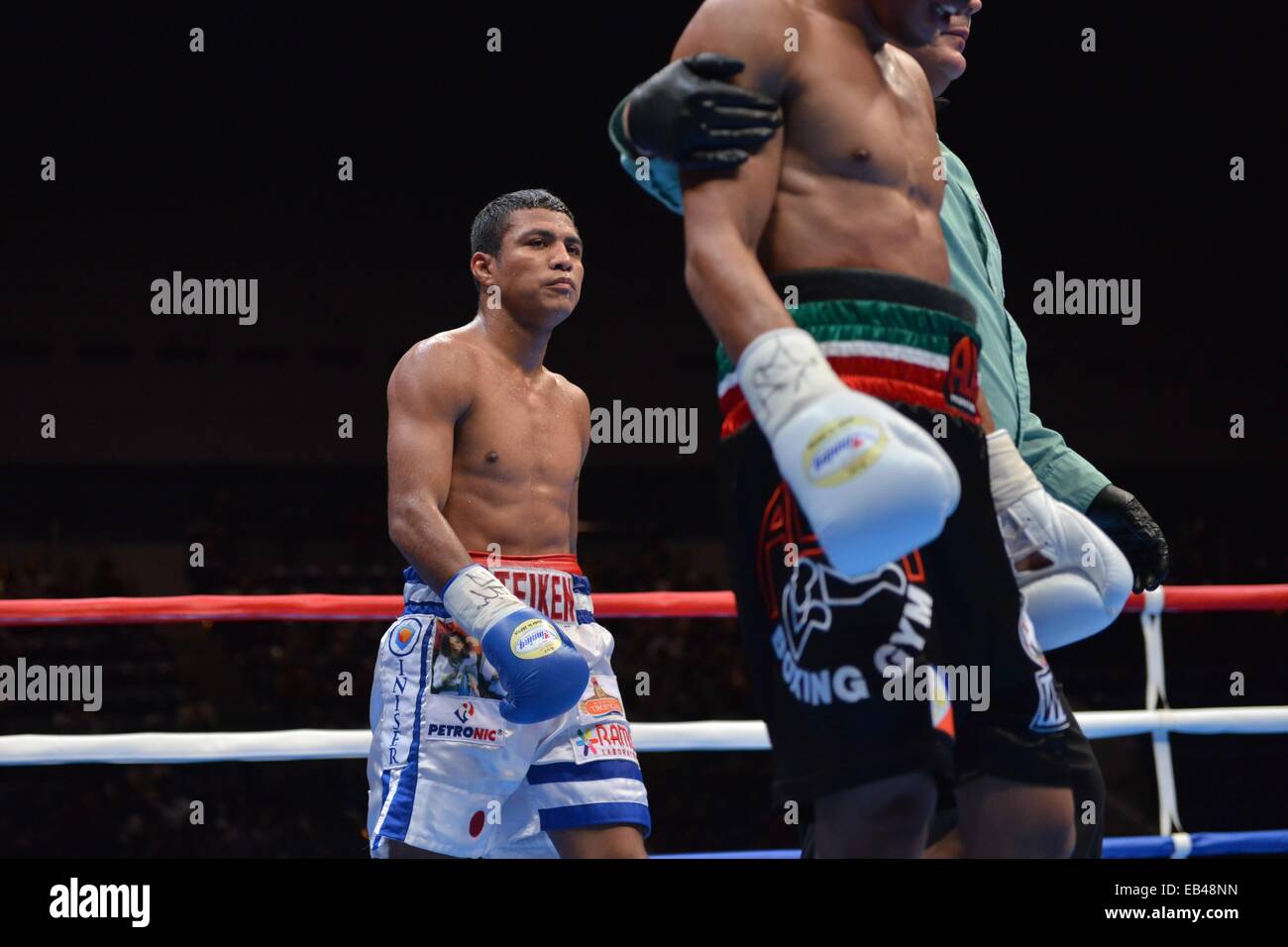 Kanagawa, Japan. 22. November 2014. Römische Gonzalez (NCA) Boxen: Roman Gonzalez aus Nicaragua reagiert auf seine sechste Runde TKO Sieg über felsige Fuentes von Philippinen, nachdem der Ringrichter des Kampfs während der WBC im Fliegengewicht Titelkampf in Yokohama International Swimming Pool in Kanagawa, Japan. © Hiroaki Yamaguchi/AFLO/Alamy Live-Nachrichten Stockfoto