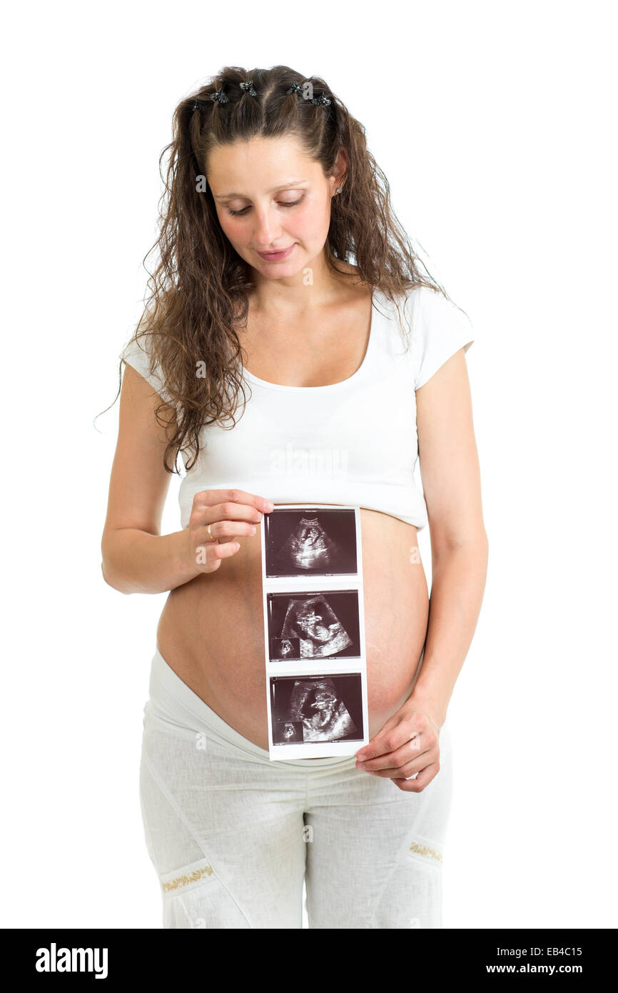 Schwangere Frau hält ihr Ultraschall Stockfoto