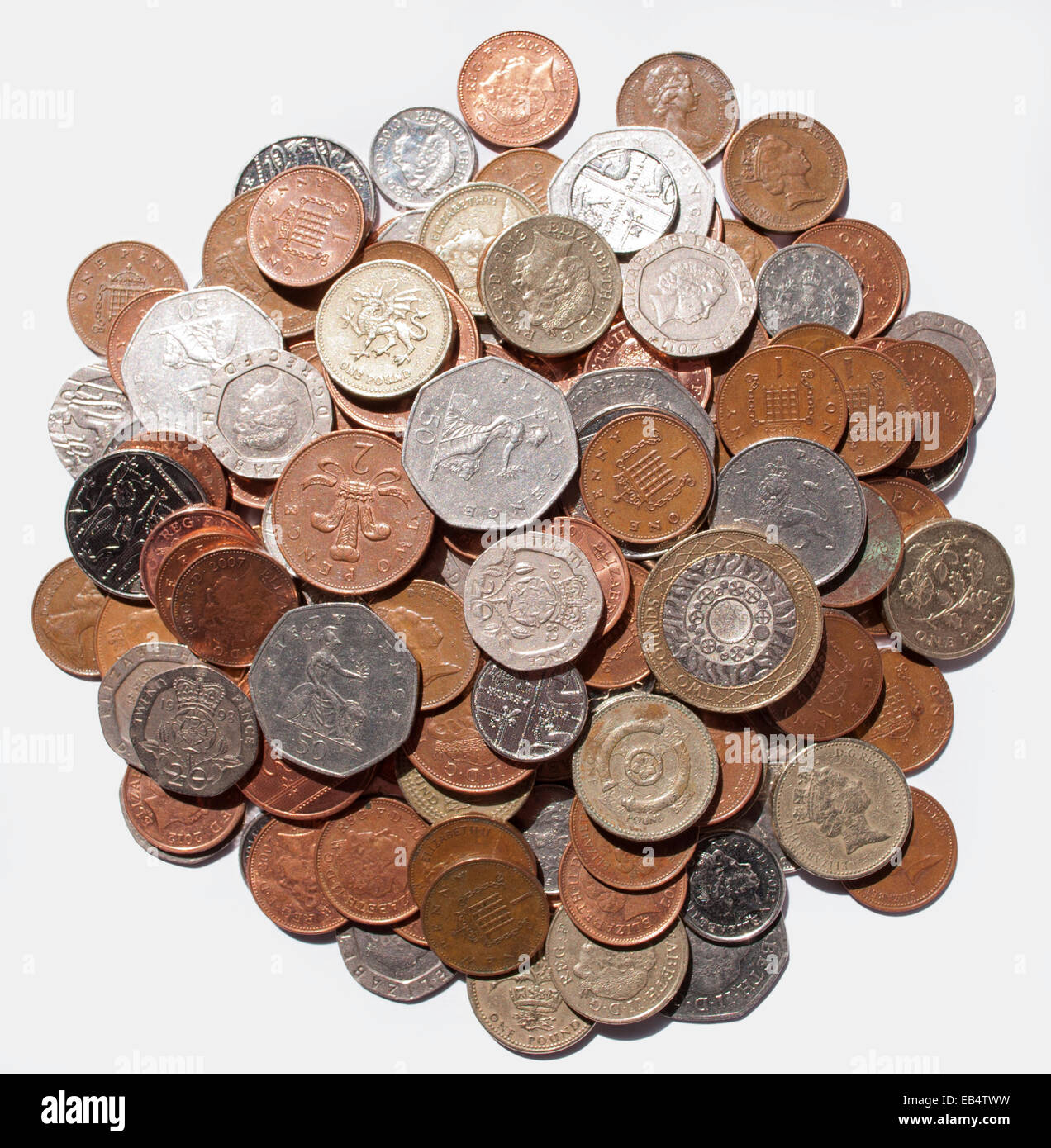 Haufen von Sterling Coins of Great Britain Stockfoto