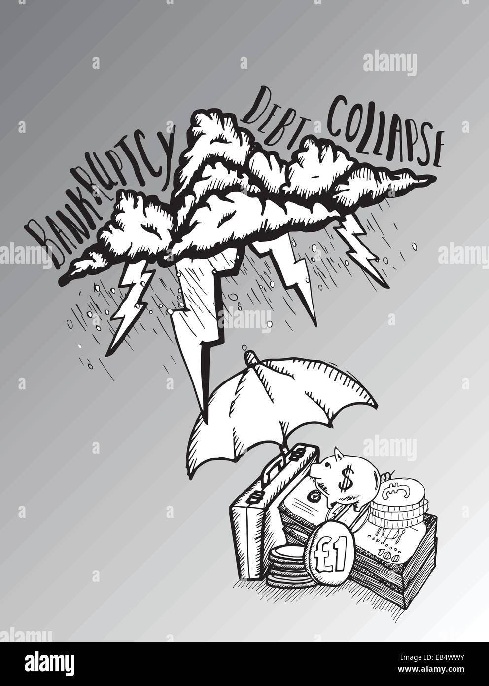 Schutz der Ersparnisse vor Schulden Sturm Regenschirm Stock Vektor